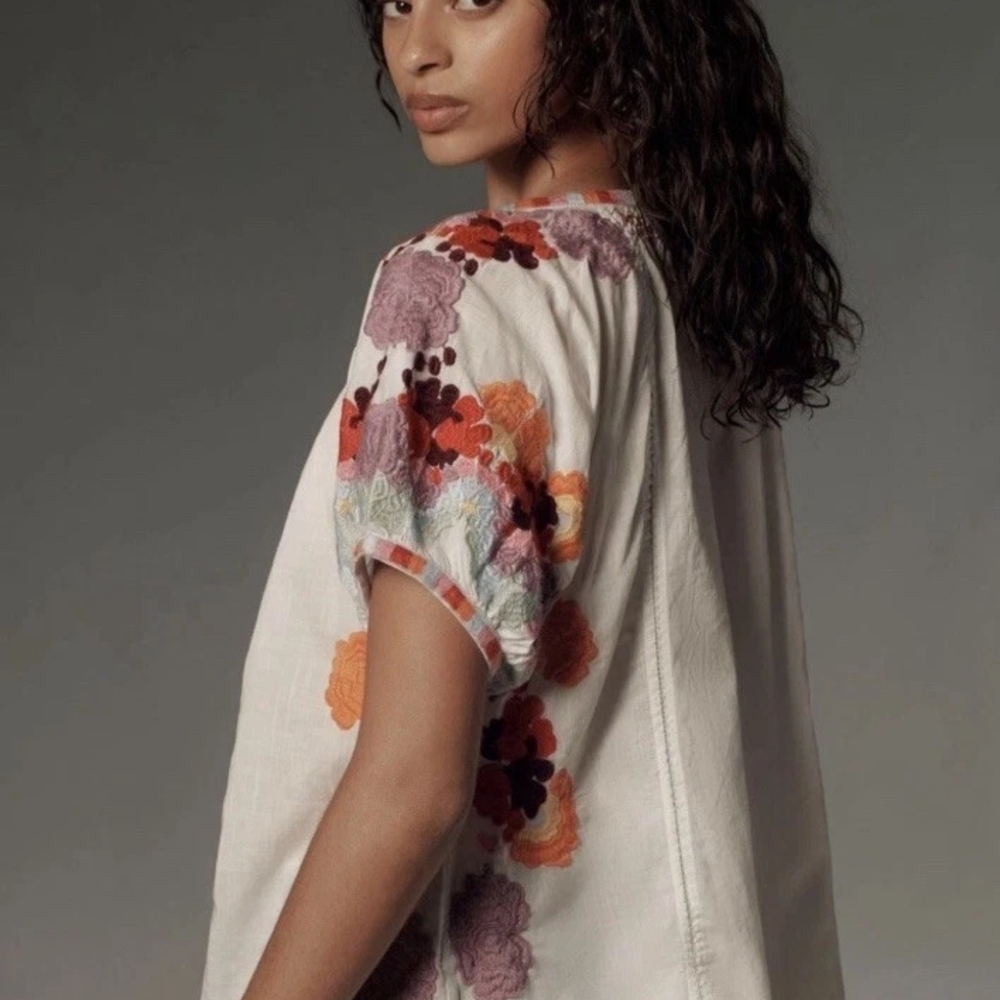 Anthropologie Floral Embroidered Blouse - Cream and Multicolor
